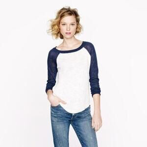 J.Crew Linen Blend Baseball Sweater Top Navy Blue / Ivory Size M